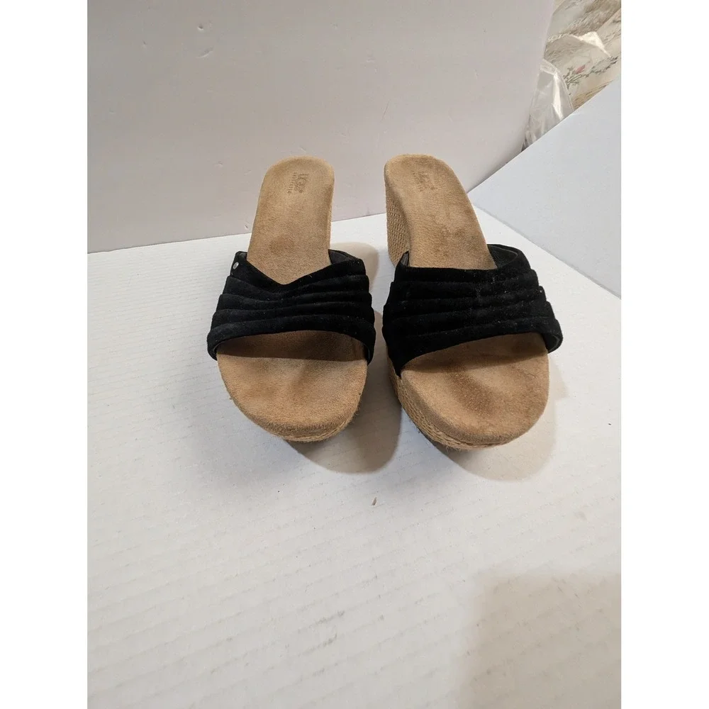 UGG Australia Lucianna Black Suede Jute Wedge Slide Sandals Womens 10 3100